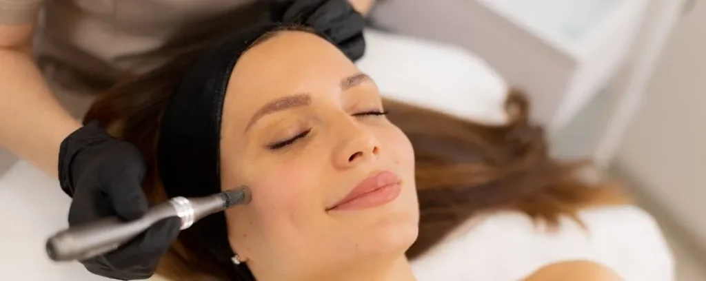 Tratamiento de mesoterapia facial con microinyecciones en la frente para mejorar la hidratación y la calidad de la piel