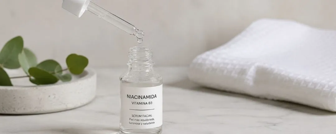Frasco de sérum con niacinamida (vitamina B3) para el cuidado de la piel.
