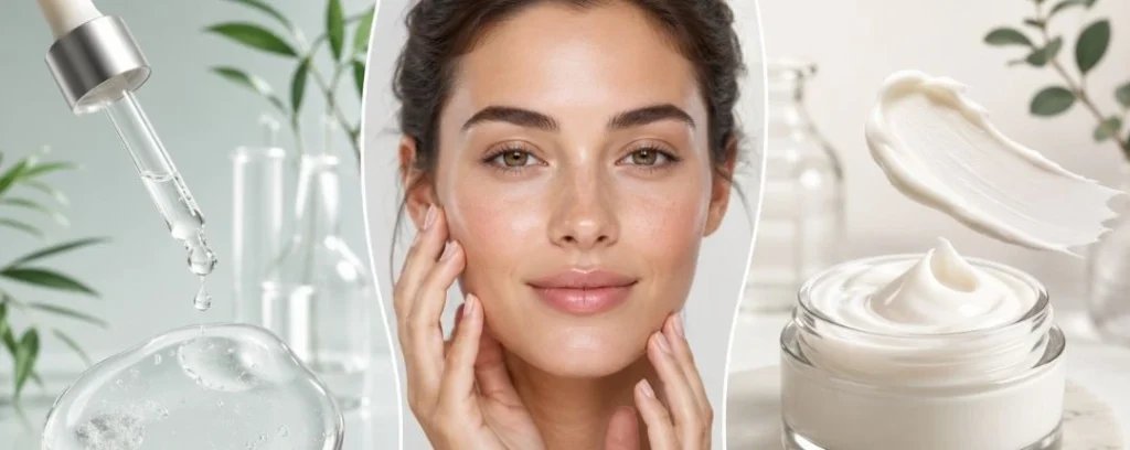 Mujer con la piel luminosa junto a un sérum y una crema hidratante para el cuidado facial.