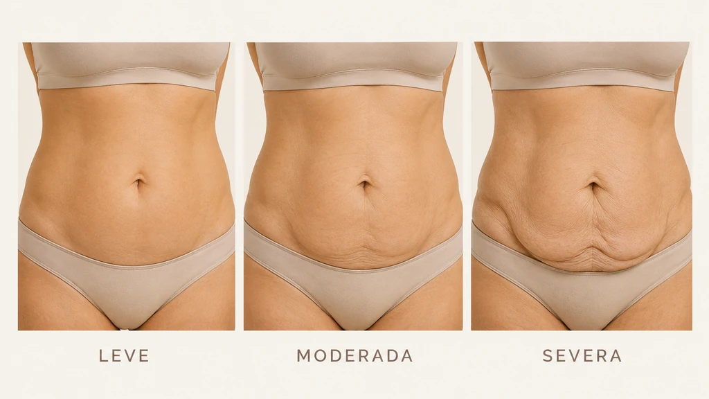 Comparación de los tres grados de flacidez corporal en el abdomen: leve, moderada y severa